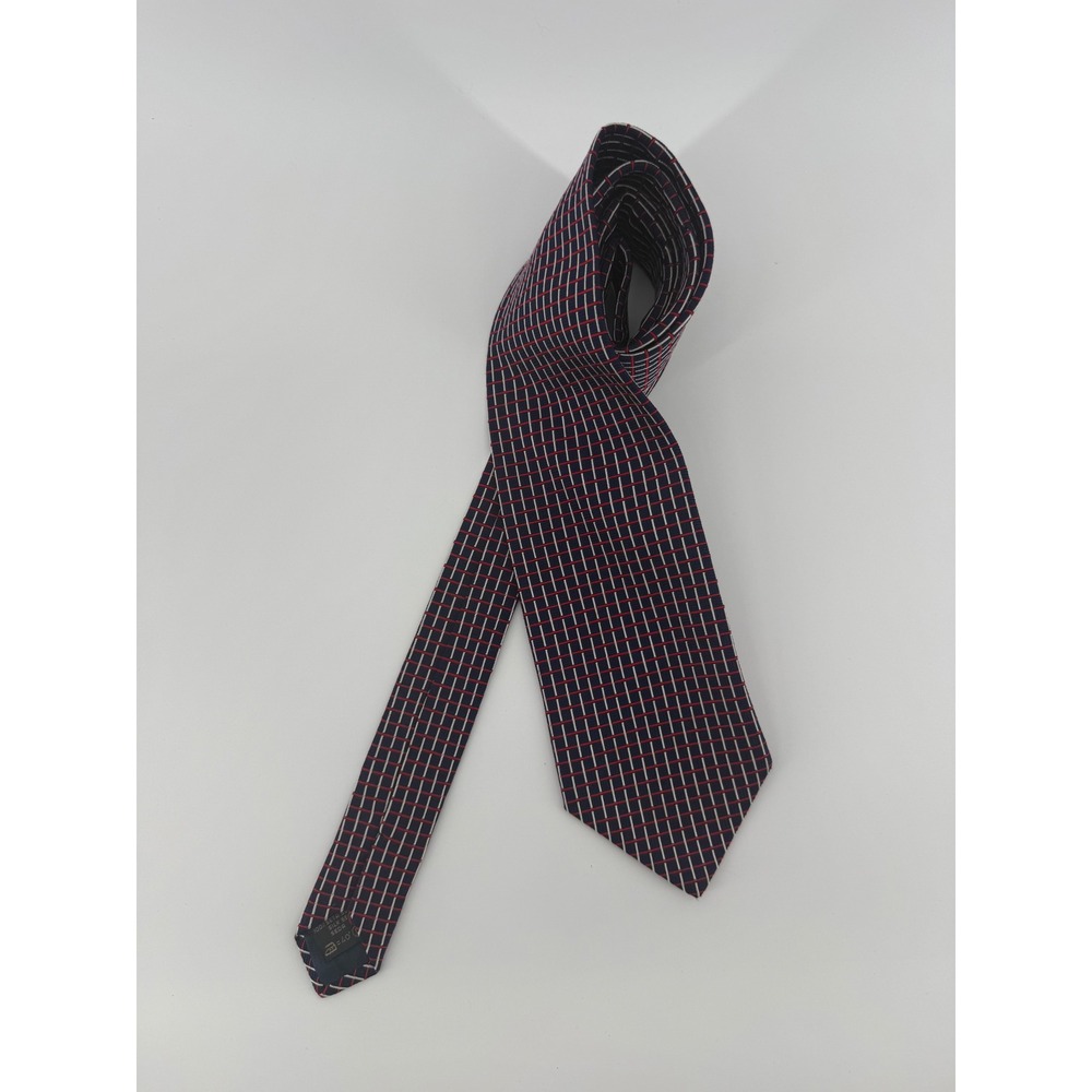 Ermenegildo Zegna Silk Tie Navy Blue Red White Geometric Grid Made in Italy